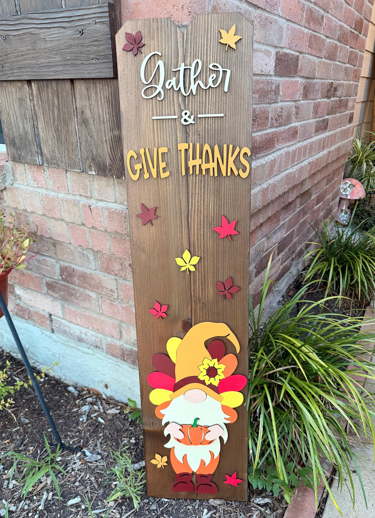 Gather and Give Thanks fall gnome porch sign detail