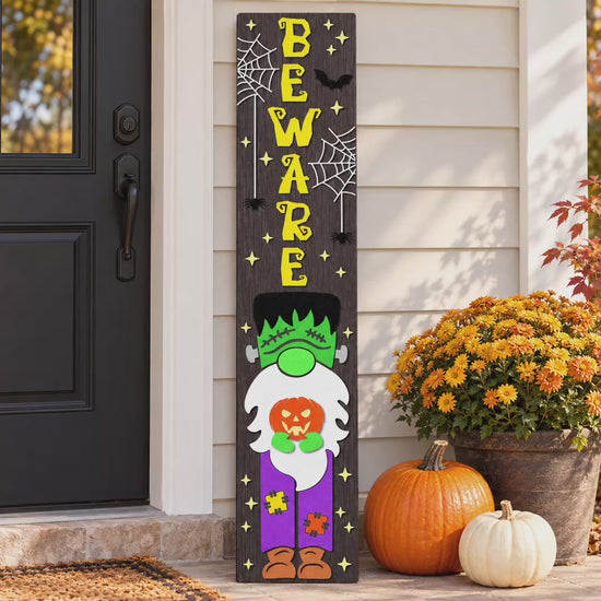 Short video of the Beware Frankenstein gnome Halloween porch sign